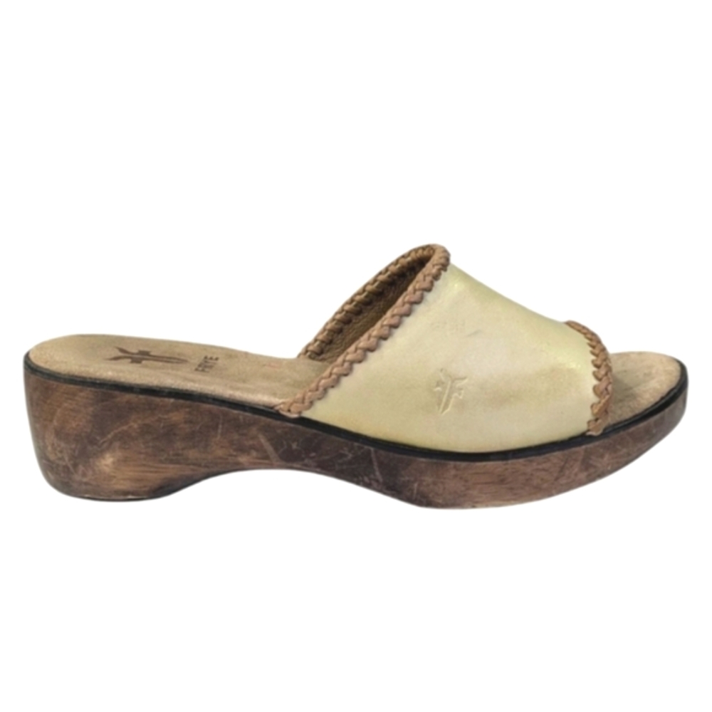 Frye Clog Sandals Women 9.5 Wooden and Leather Tan Brown Embroidered Detailing - Picture 4 of 12